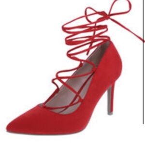 Red Suede ankle strap pumps